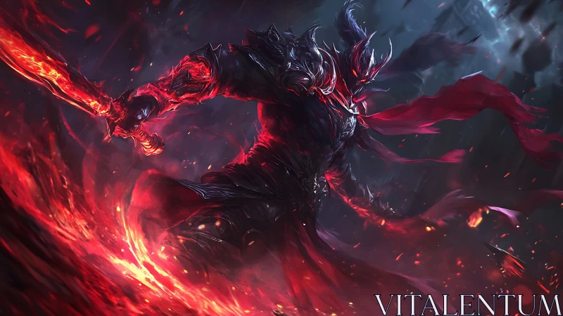 Armored dark figure wielding flaming sword in motion.