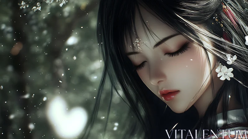 Serene anime maiden in blossom-lit forest portrait.