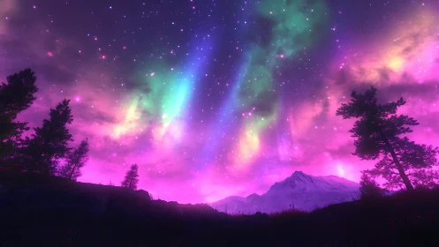Neon aurora illuminates starry sky above silent mountains.