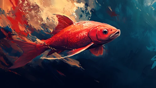 Crimson koi glides through abstract teal and amber waters.