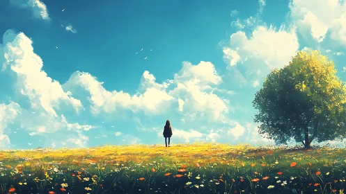 Solitary figure under vast sky on sunlit wildflower field.