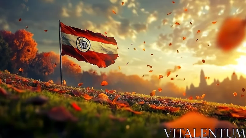 Indian flag rendered in shallow depth sunset landscape with drifting leaves