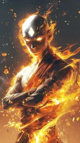 Bald glowing monk stands engulfed in controlled swirling fire