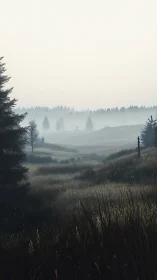 Foggy meadow landscape receding into distant forest line