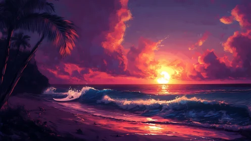 Tropical shoreline with waves under vivid sunset sky.