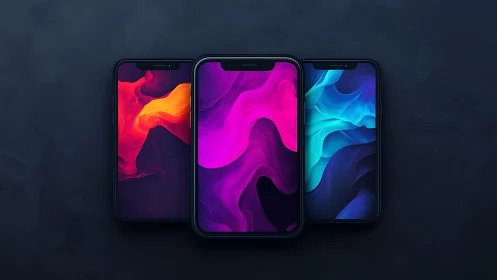 Tri-screen smartphone layout with abstract OLED gradients