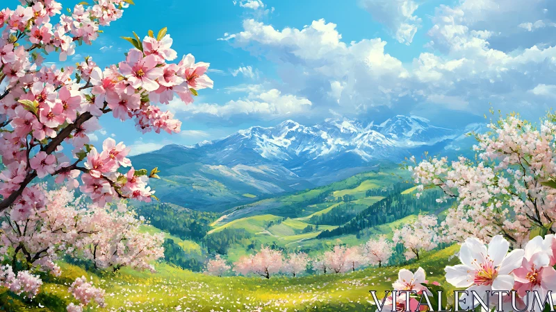 Gentle spring blossoms open onto bright rolling mountain hills