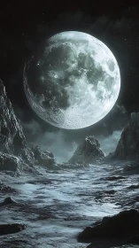 Luminous lunar body dominates an icy extraterrestrial landscape