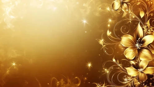 Golden floral swirls with glowing light on gradient background.