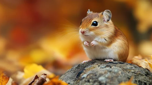 Tiny autumn mouse pausing on a rock among golden leaves.