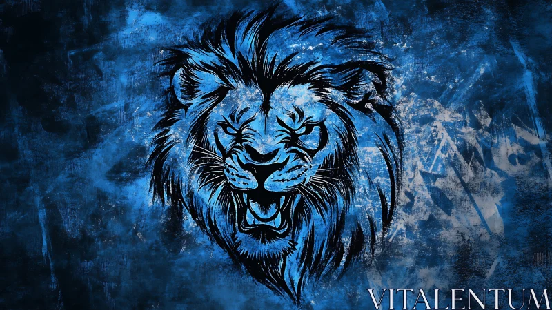 Stormforged lion roars through electric sapphire haze.