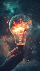 Hand holding cosmic light bulb filled with fiery nebula.