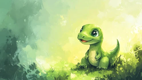 Green cartoon dinosaur in soft sunlit grassy clearing.