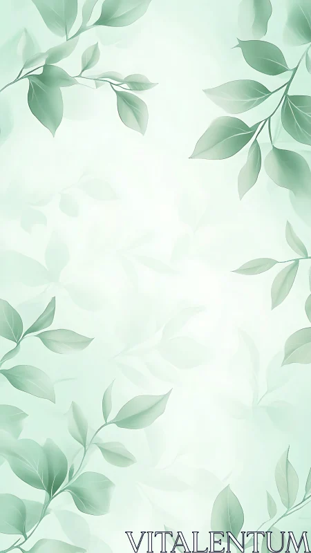 Vertical digital illustration shows soft green leafy branches