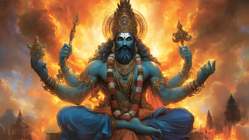 Divine blue deity meditates amid blazing celestial fire.