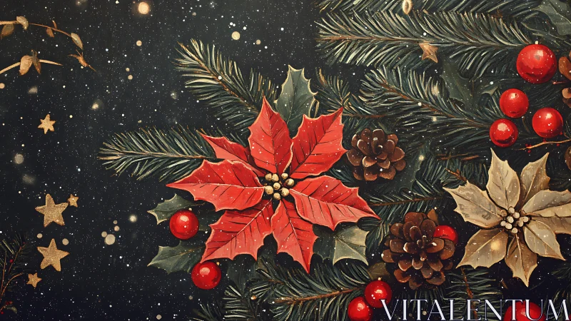 Festive poinsettias glow amid pine branches and winter stars