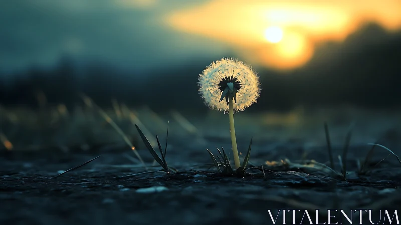 Backlit dandelion stands against blurred sunrise horizon