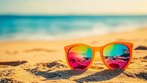 Orange sunglasses rest on sand before a blurred shoreline
