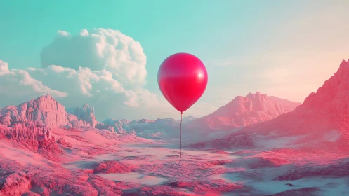 Bright pink balloon drifting over dreamy pastel canyon.