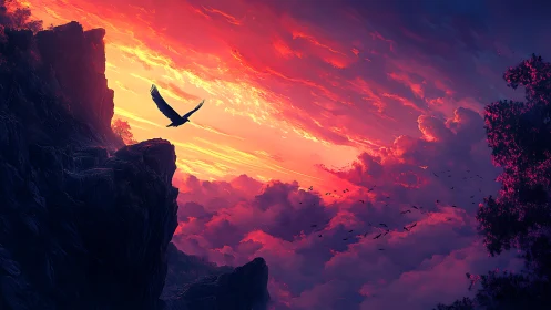 Soaring bird welcomes a fiery sunset sky over dark cliffs