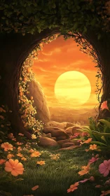 Backlit circular forest portal frames low-horizon sun at golden hour