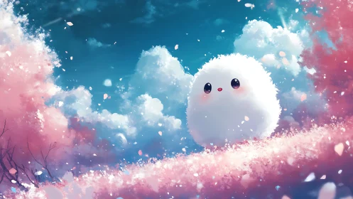 Fluffy sky-puff critter wandering a cotton candy dawn meadow.