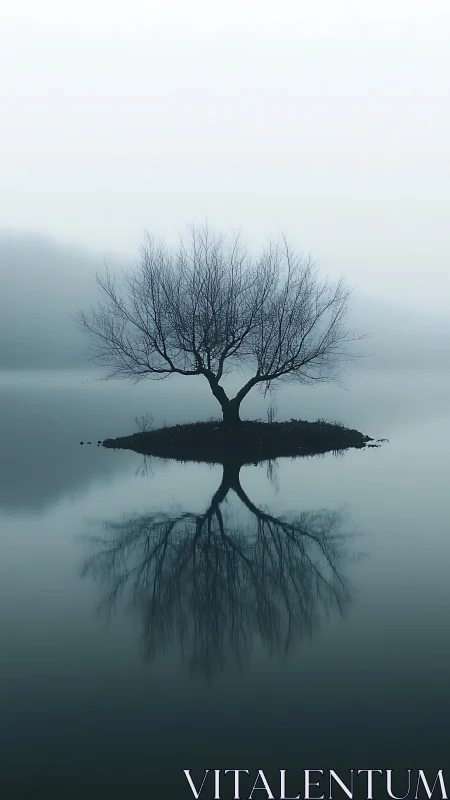Solitary winter tree sketches a perfect twin across water