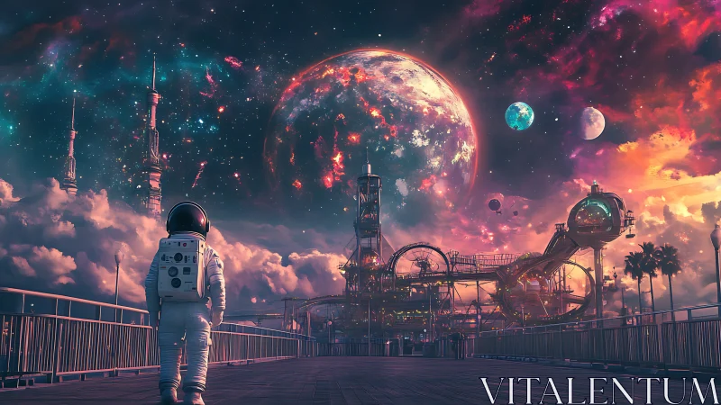 Astronaut on elevated walkway facing planetary skyline.