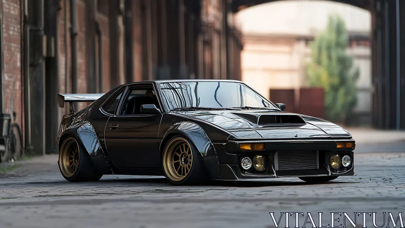 Urban-forged widebody black sports car prowls the alleyway.