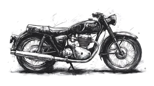 Technical ink rendering shows vintage parallel-twin motorcycle side profile