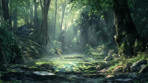 Dense Forest Canyon with Ethereal Atmospheric Light and Reflective Water Surface