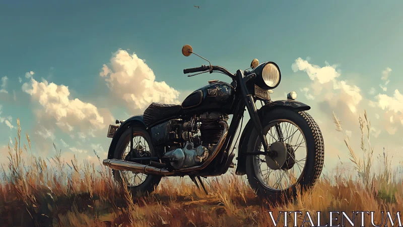 Vintage black motorcycle in open field under clouded sky.