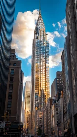 Golden sunset illuminates an iconic skyscraper over city street