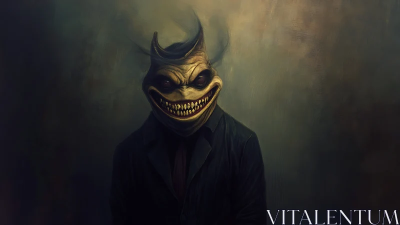 Sinister suited creature reveals jagged grin in dim portrait