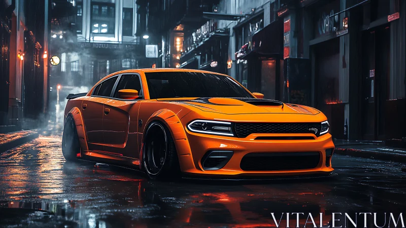 Neon-burnished muscle car stalks a rain-slick midnight alley.