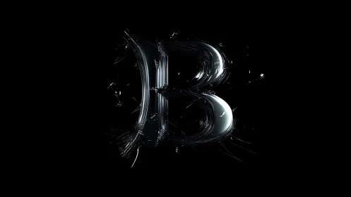 Glossy black 3D letter B with filamentous light streaks