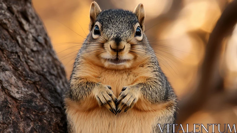 Curious squirrel poses upright against warm autumn bokeh background.