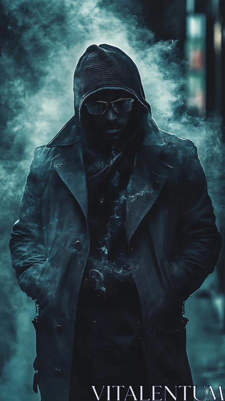 Hooded urban figure emerges through cyan smoke in moody backlight