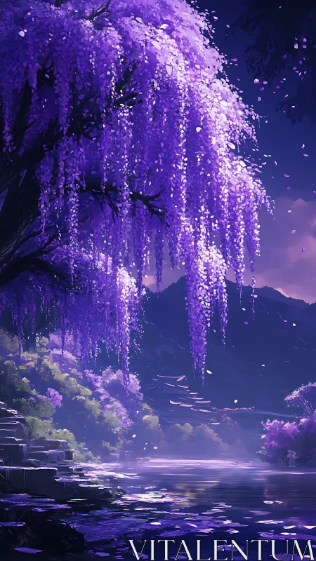 Luminous violet wisteria canopy over misted river valley.
