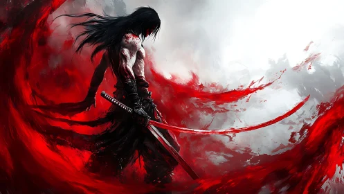 Blood-soaked samurai warrior commands swirling crimson storm.