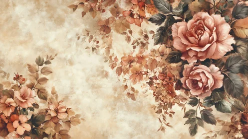 Romantic vintage rose bouquet unfolds across textured canvas