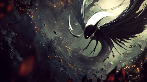 Mysterious winged spirit drifting through a burning dusk forest.