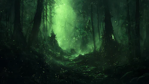 Enchanted Forest Path Glowing with Ethereal Green Light.