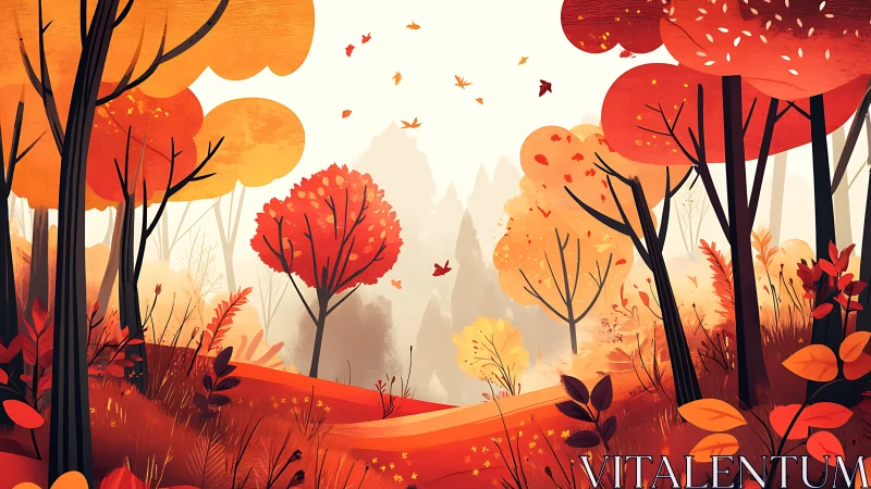 Autumn Forest Landscape with Stylized Trees and Falling Leaves