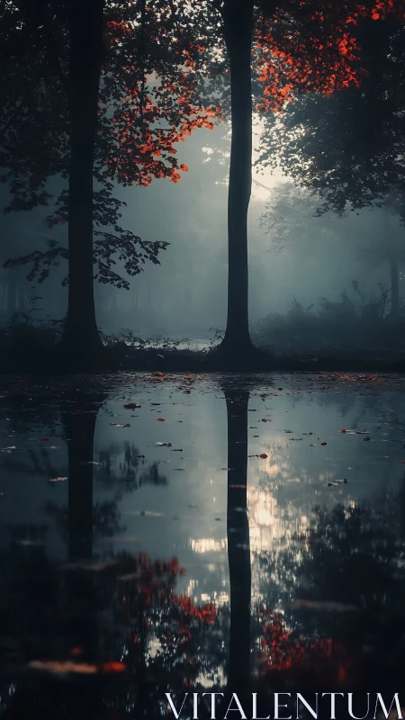 Crimson Canopy Reflected in Misty Forest Pool.
