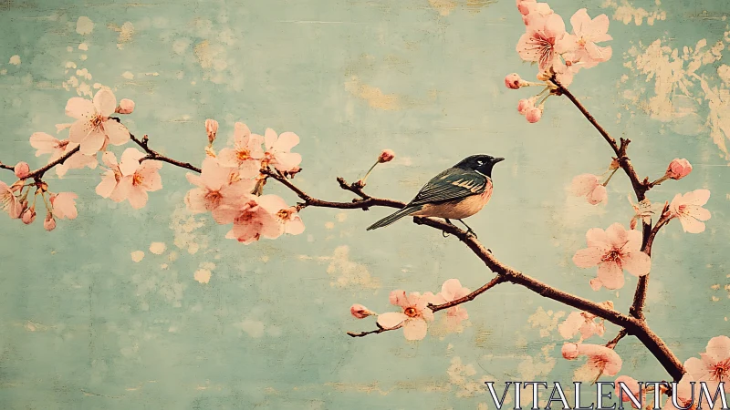 Songbird rests among pastel cherry blossoms in spring.