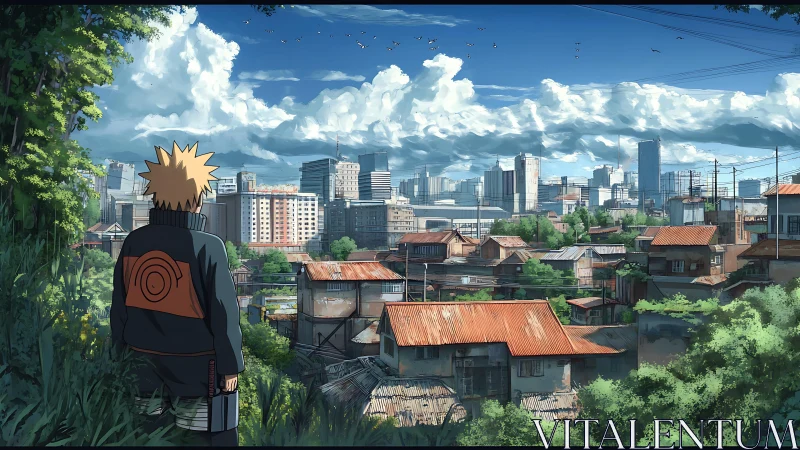 Anime boy overlooking rusted rooftops and distant city skyline.