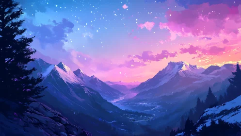 Vibrant twilight mountains over glowing river valley.