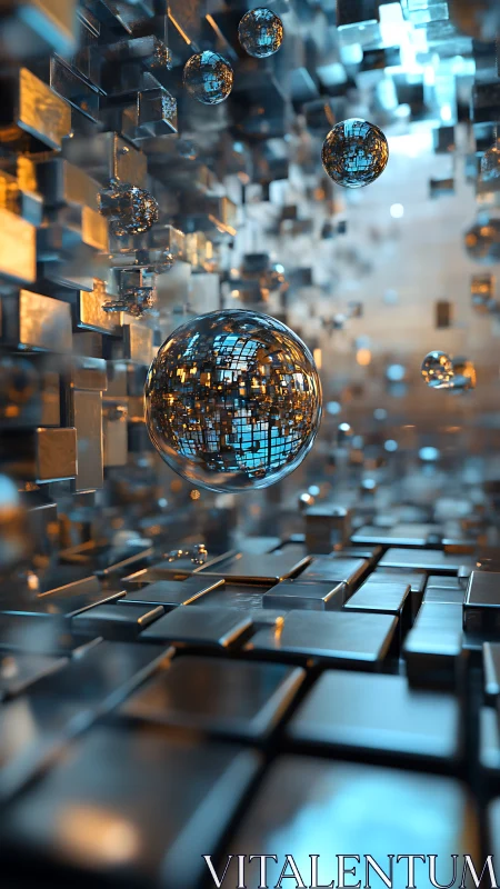 Reflective spheres float through a luminous metallic grid