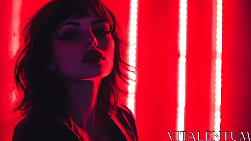 Neon-lit portrait frames intense gaze in crimson glow.